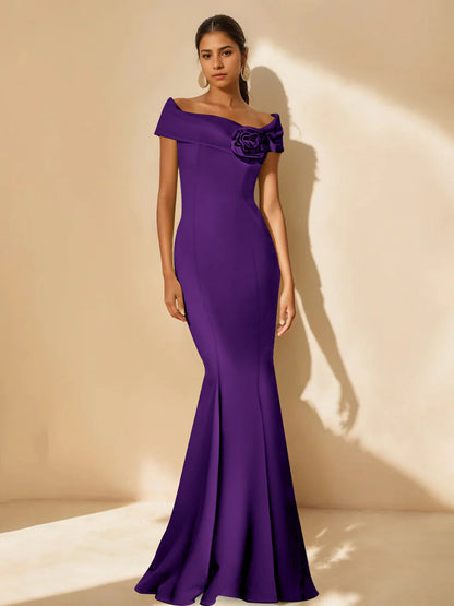 Trumpet/Mermaid Off-the-Shoulder Minimalist Mother of the Bride Dresses with Detachable Flower