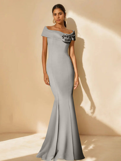Trumpet/Mermaid Off-the-Shoulder Minimalist Mother of the Bride Dresses with Detachable Flower