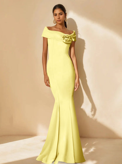 Trumpet/Mermaid Off-the-Shoulder Minimalist Mother of the Bride Dresses with Detachable Flower