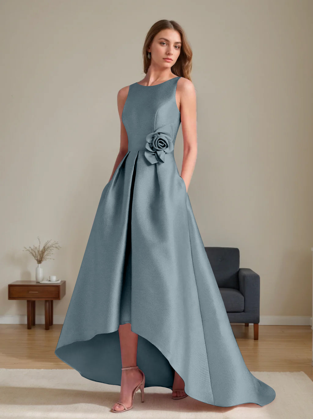 A-Line/Princess Scoop Sleeveless Asymmetrical Mother of the Bride & Groom Dresses with Flowers