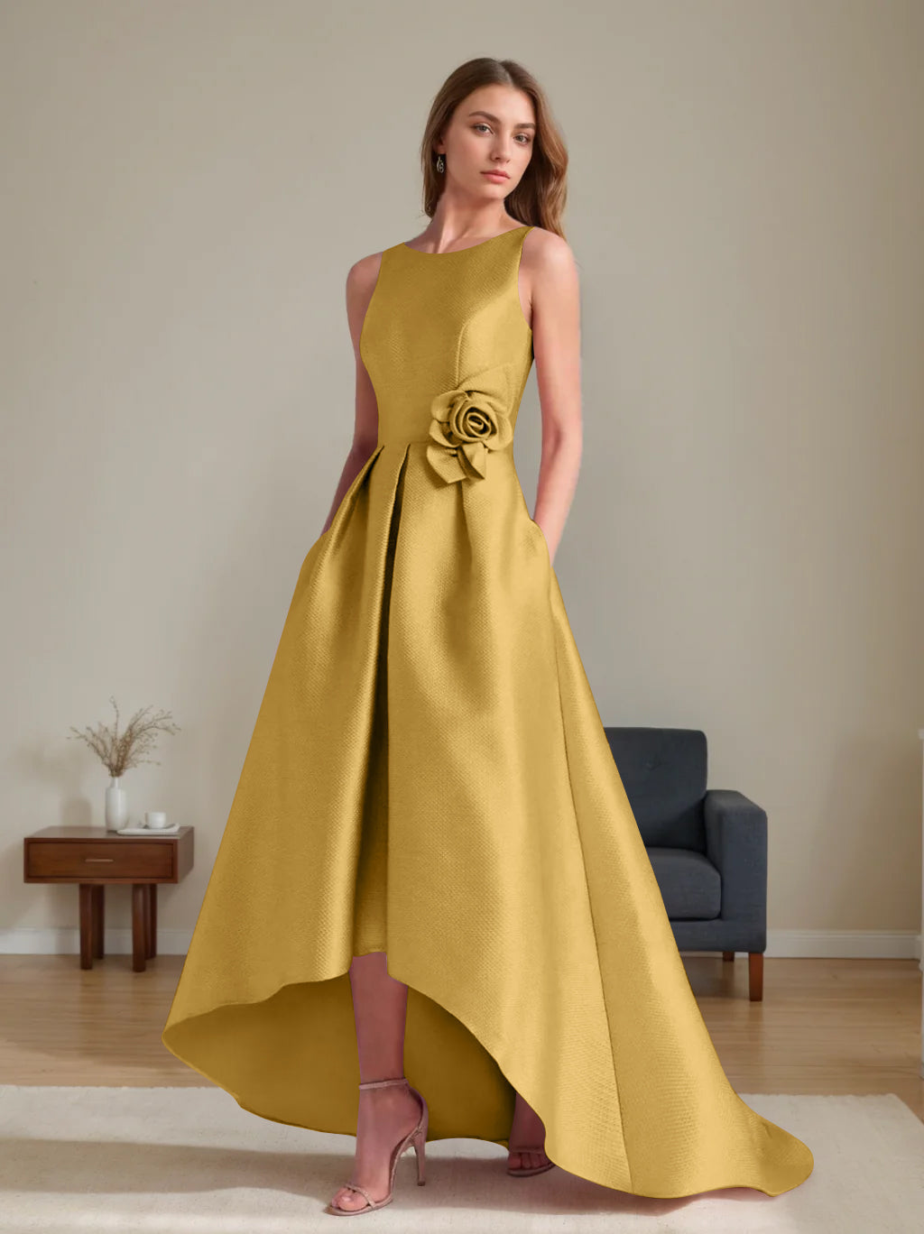 A-Line/Princess Scoop Sleeveless Asymmetrical Mother of the Bride & Groom Dresses with Flowers