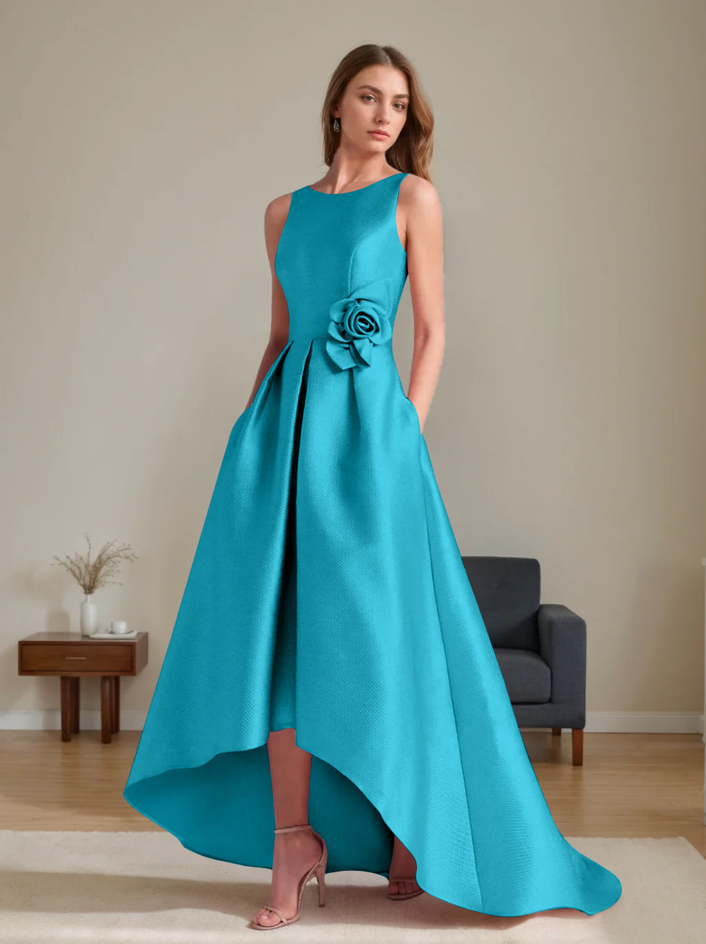 A-Line/Princess Scoop Sleeveless Asymmetrical Mother of the Bride & Groom Dresses with Flowers