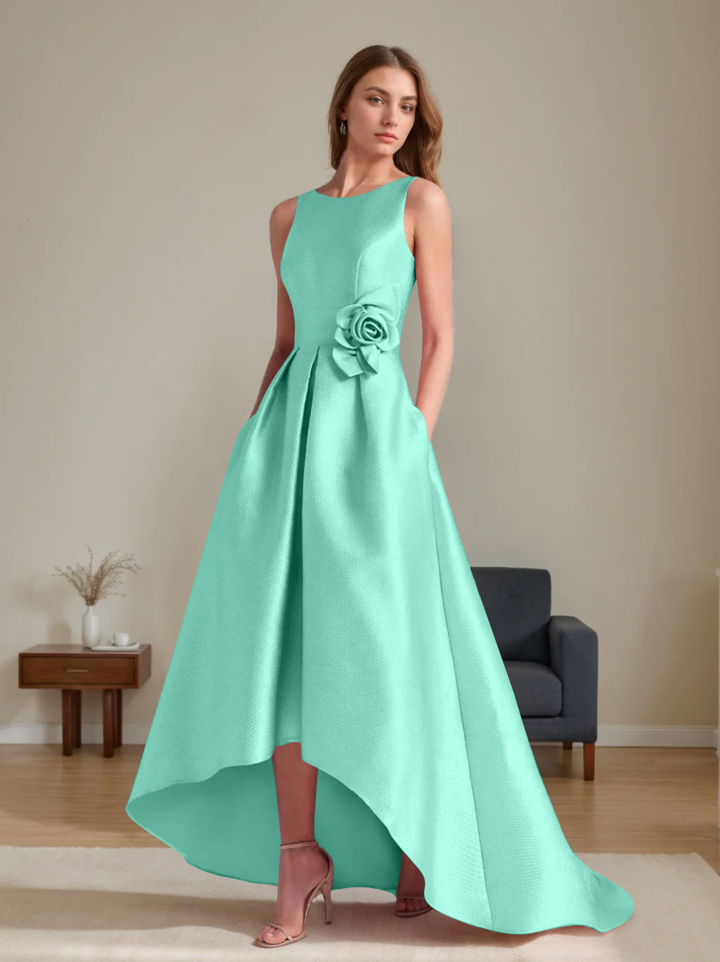 A-Line/Princess Scoop Sleeveless Asymmetrical Mother of the Bride & Groom Dresses with Flowers