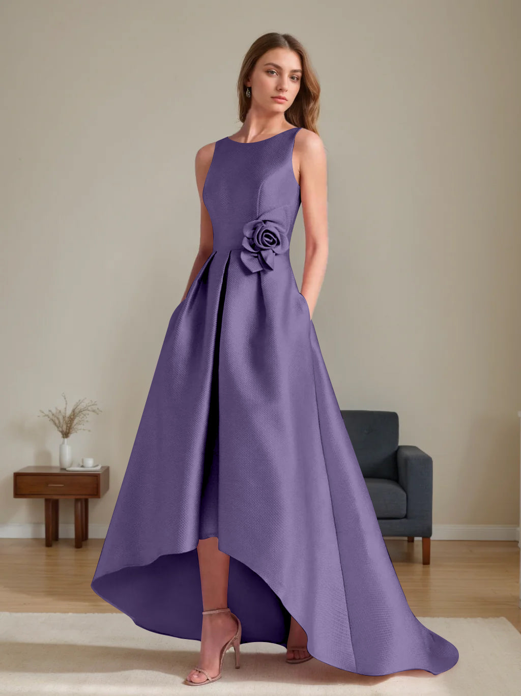A-Line/Princess Scoop Sleeveless Asymmetrical Mother of the Bride & Groom Dresses with Flowers