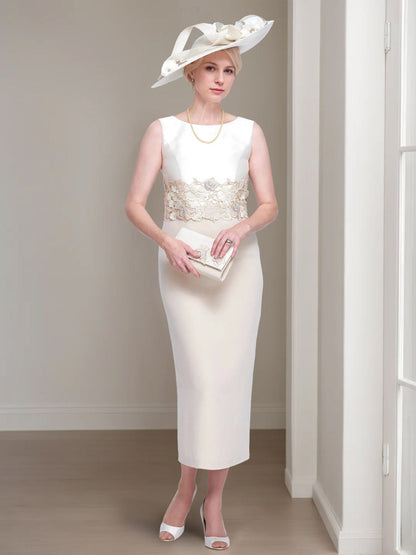 2 Pieces Round Neck Tea-Length Mother of the Bride Dresses with Jacket & Lace Appliques