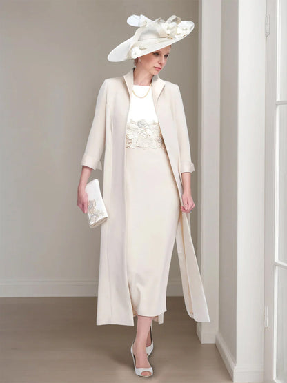 2 Pieces Round Neck Tea-Length Mother of the Bride Dresses with Jacket & Lace Appliques