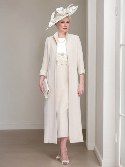 2 Pieces Round Neck Tea-Length Mother of the Bride Dresses with Jacket & Lace Appliques