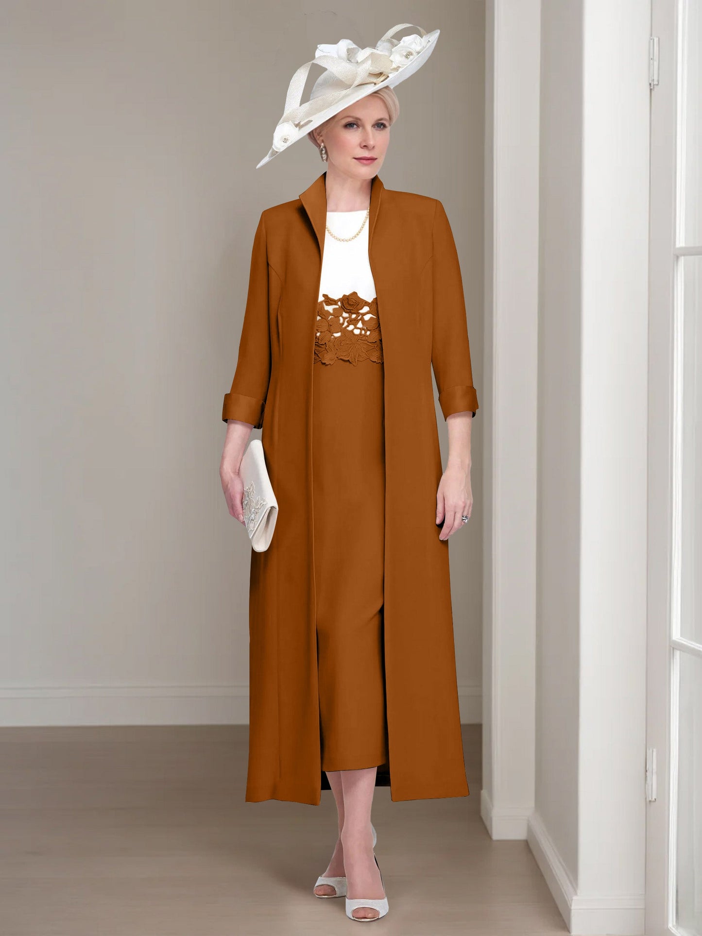 2 Pieces Round Neck Tea-Length Mother of the Bride Dresses with Jacket & Lace Appliques