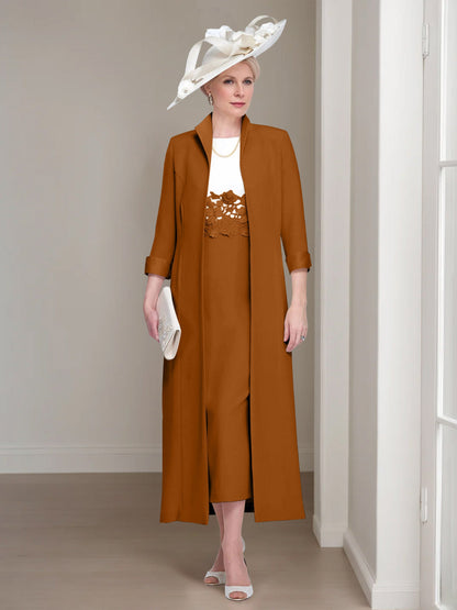 2 Pieces Round Neck Tea-Length Mother of the Bride Dresses with Jacket & Lace Appliques
