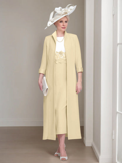 2 Pieces Round Neck Tea-Length Mother of the Bride Dresses with Jacket & Lace Appliques