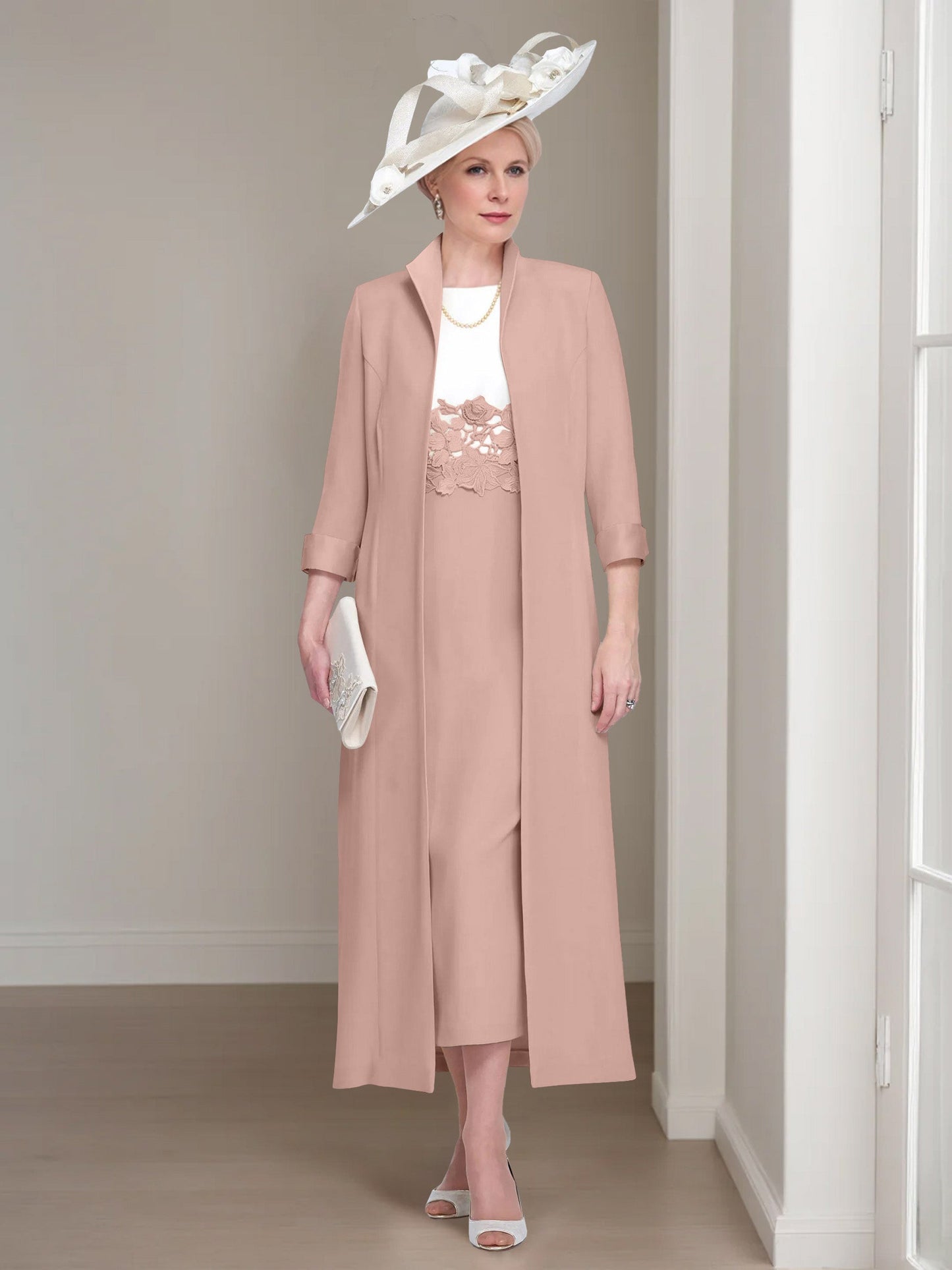 2 Pieces Round Neck Tea-Length Mother of the Bride Dresses with Jacket & Lace Appliques