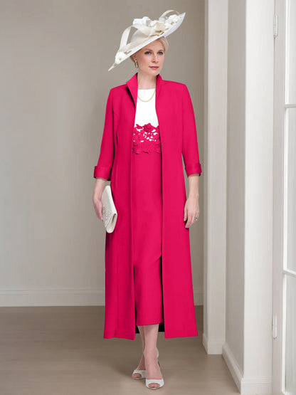 2 Pieces Round Neck Tea-Length Mother of the Bride Dresses with Jacket & Lace Appliques