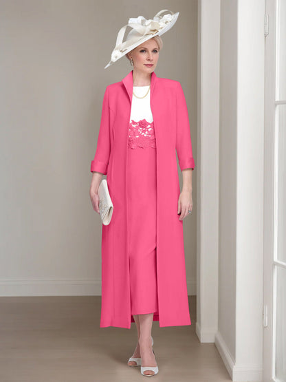 2 Pieces Round Neck Tea-Length Mother of the Bride Dresses with Jacket & Lace Appliques