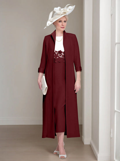 2 Pieces Round Neck Tea-Length Mother of the Bride Dresses with Jacket & Lace Appliques