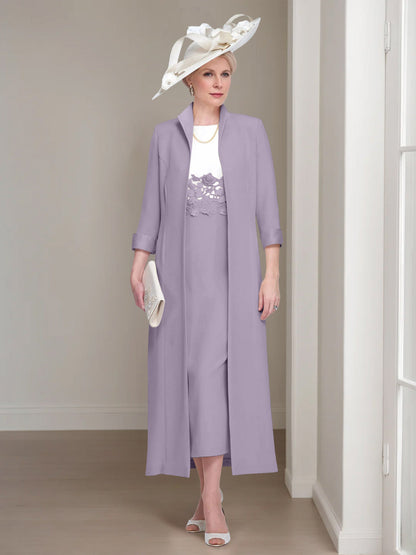 2 Pieces Round Neck Tea-Length Mother of the Bride Dresses with Jacket & Lace Appliques