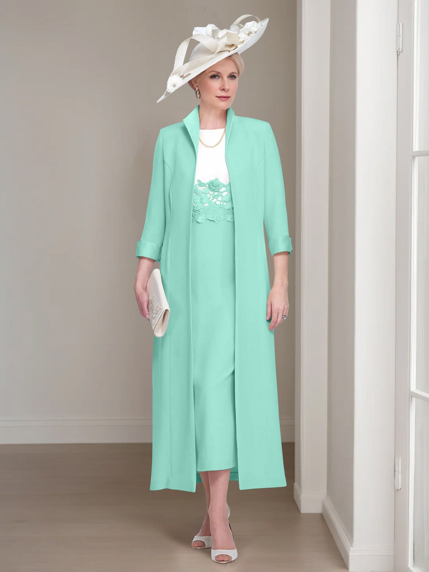 2 Pieces Round Neck Tea-Length Mother of the Bride Dresses with Jacket & Lace Appliques