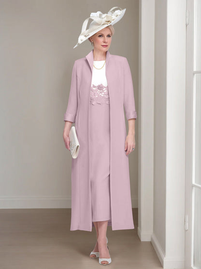 2 Pieces Round Neck Tea-Length Mother of the Bride Dresses with Jacket & Lace Appliques