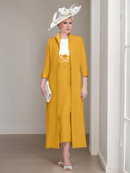 2 Pieces Round Neck Tea-Length Mother of the Bride Dresses with Jacket & Lace Appliques