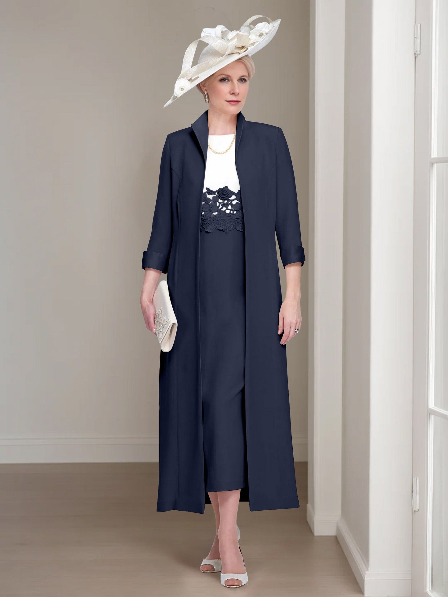 2 Pieces Round Neck Tea-Length Mother of the Bride Dresses with Jacket & Lace Appliques