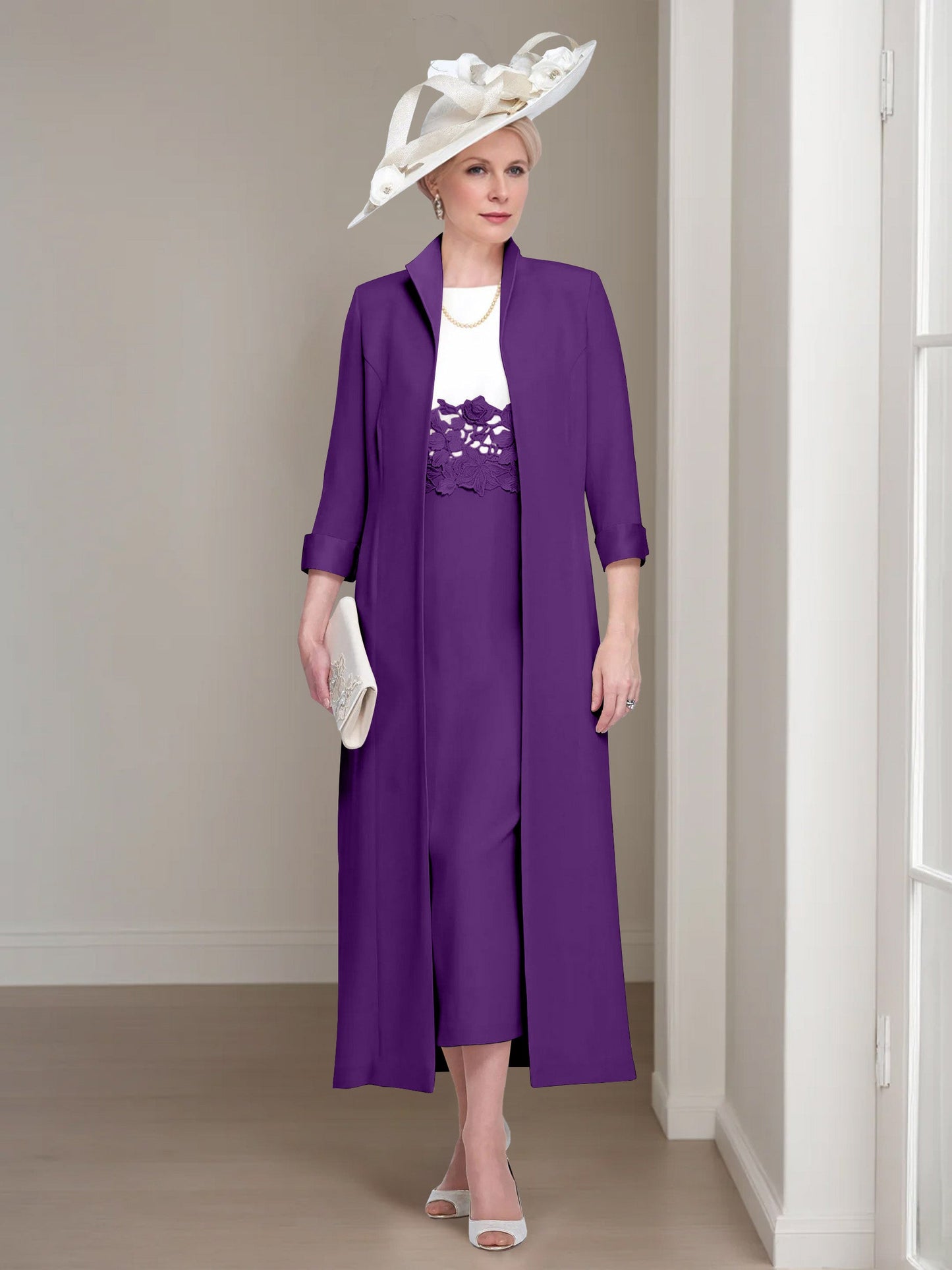 2 Pieces Round Neck Tea-Length Mother of the Bride Dresses with Jacket & Lace Appliques