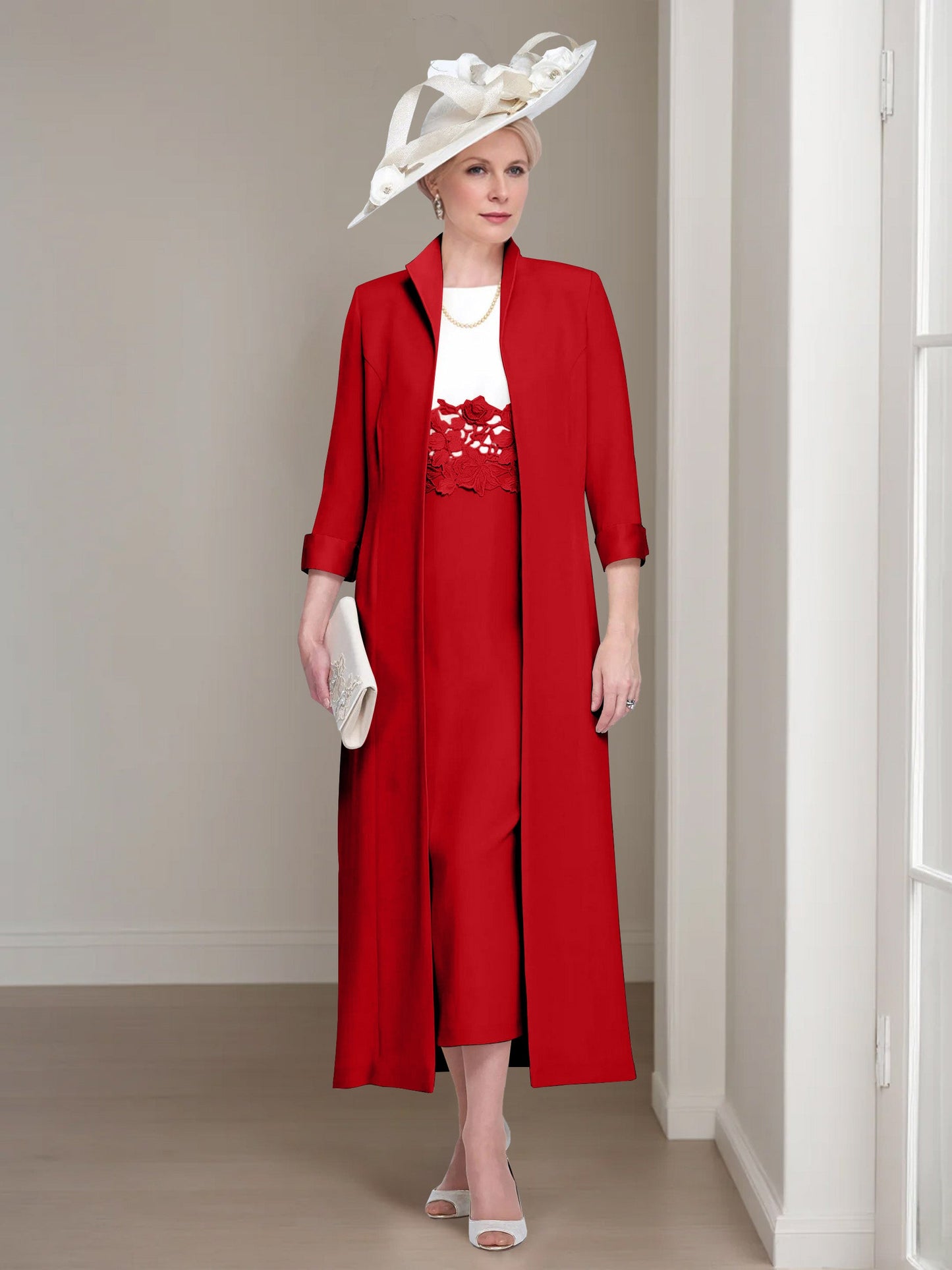 2 Pieces Round Neck Tea-Length Mother of the Bride Dresses with Jacket & Lace Appliques