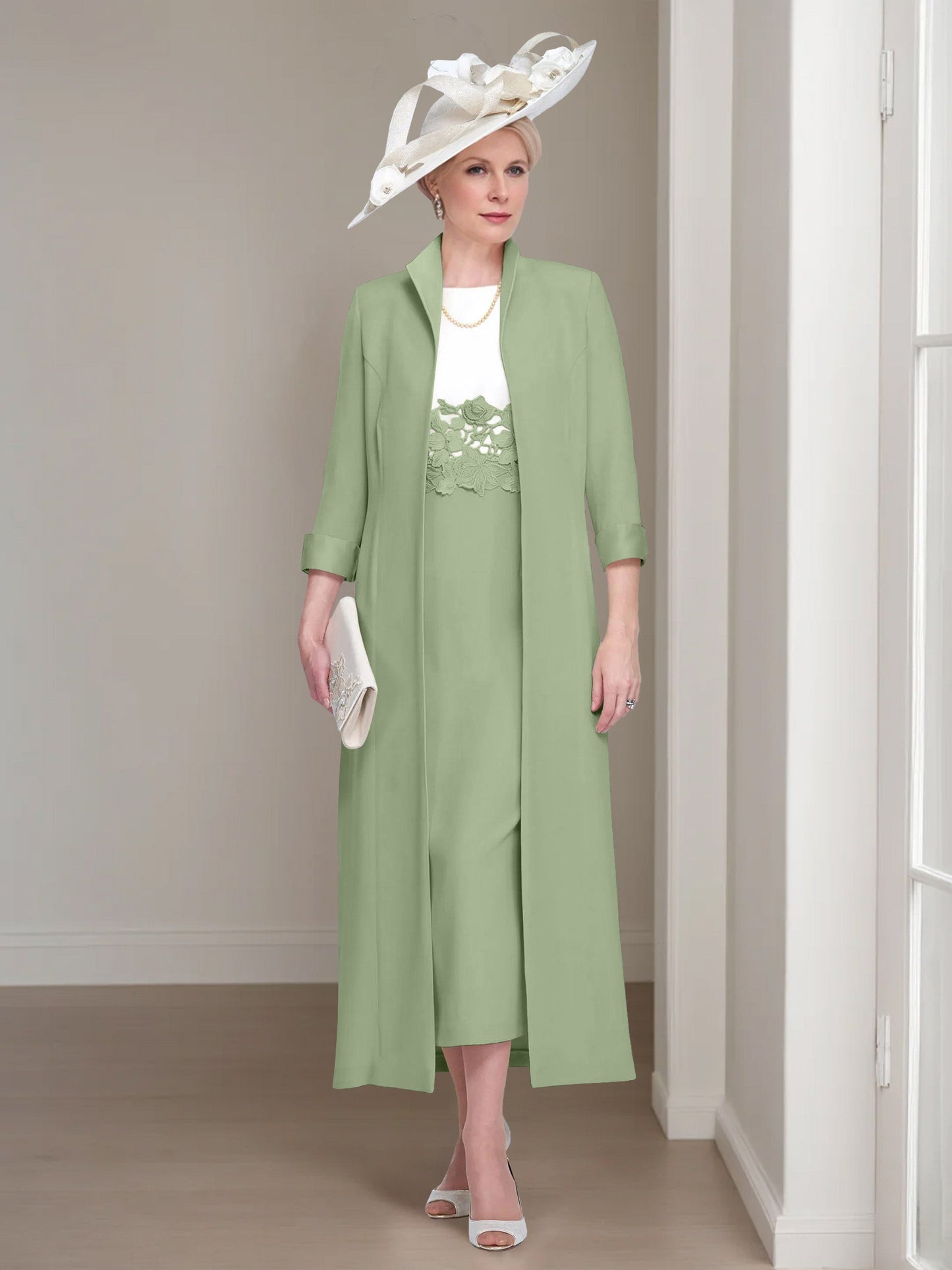 2 Pieces Round Neck Tea-Length Mother of the Bride Dresses with Jacket & Lace Appliques