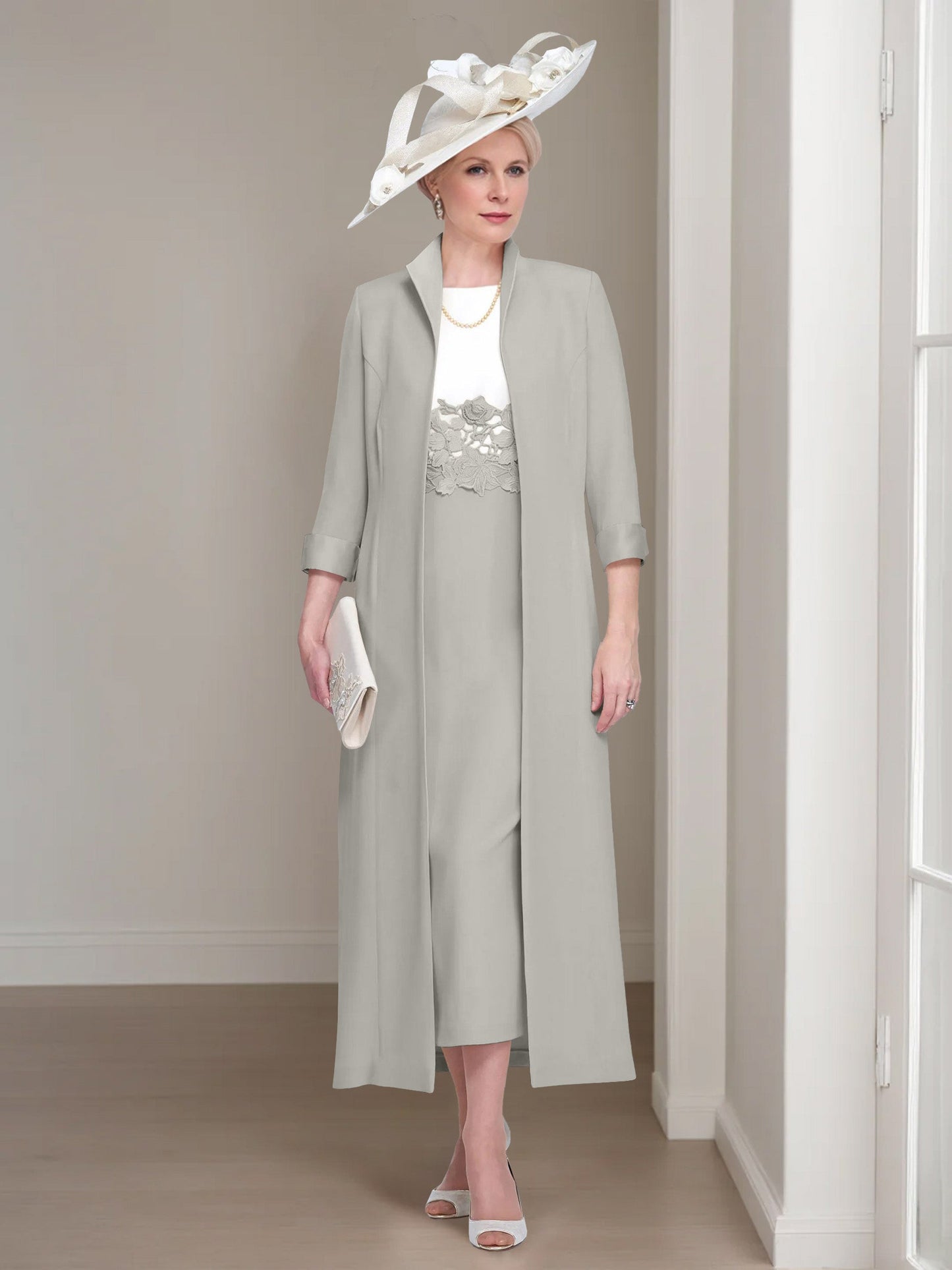 2 Pieces Round Neck Tea-Length Mother of the Bride Dresses with Jacket & Lace Appliques