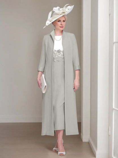 2 Pieces Round Neck Tea-Length Mother of the Bride Dresses with Jacket & Lace Appliques
