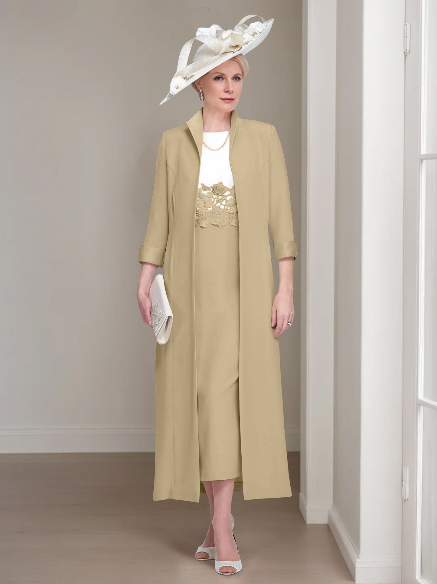 2 Pieces Round Neck Tea-Length Mother of the Bride Dresses with Jacket & Lace Appliques