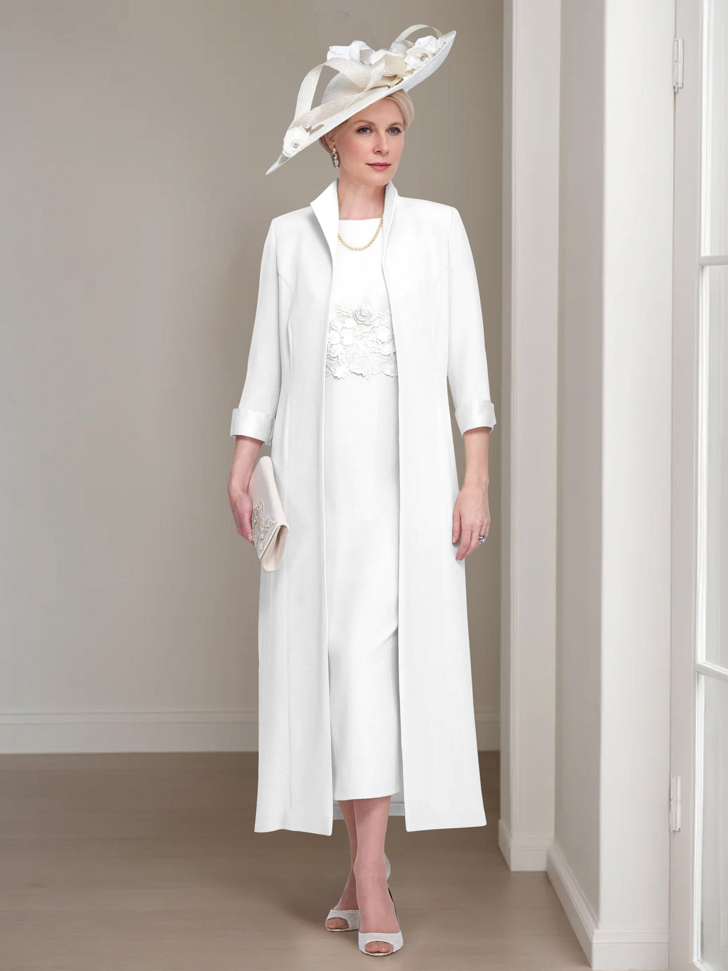 2 Pieces Round Neck Tea-Length Mother of the Bride Dresses with Jacket & Lace Appliques