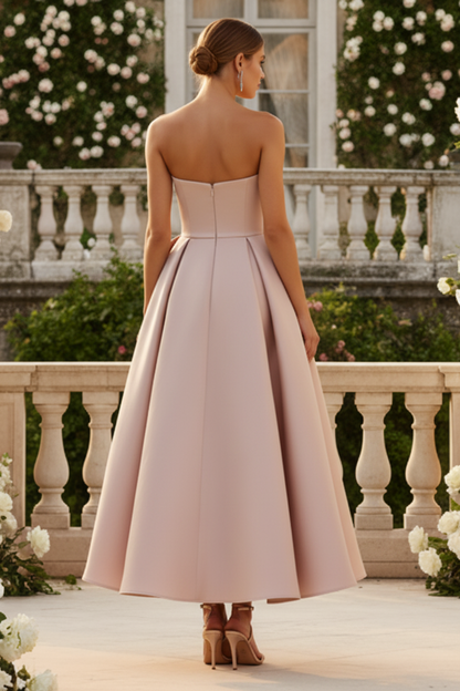 Wedding Guest Dress Strapless Satin A Line Midi Dress With 3D Flower