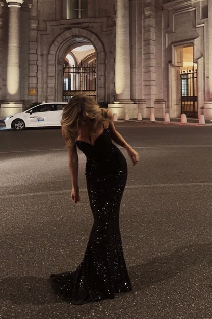 Sparkly Mermaid Spaghetti Straps Red Sequins Long Prom Dress