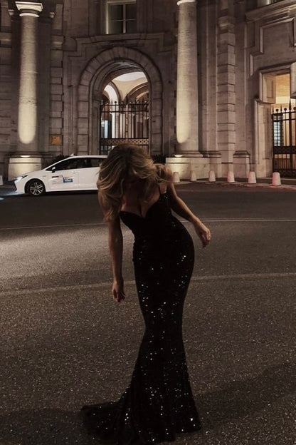 Sparkly Mermaid Spaghetti Straps Red Sequins Long Prom Dress