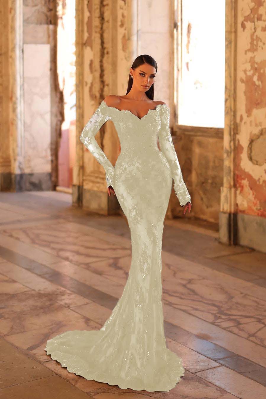 Lussooy Amazing Long Sleeves Black Lace Off the Shoulder Mermaid Prom Dress with Pleated