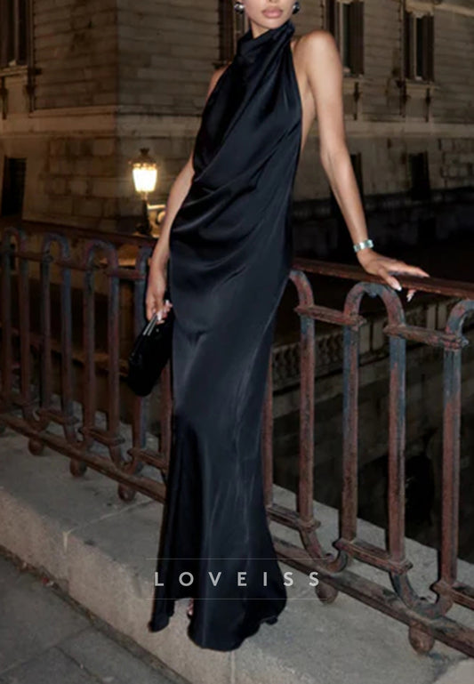 Halter Sleeveless Mermaid Black Evening Dress