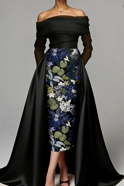 Refined Sheath Off-the-Shoulder Flower Floor-Length Satin Corset Mother of the Bride Dress