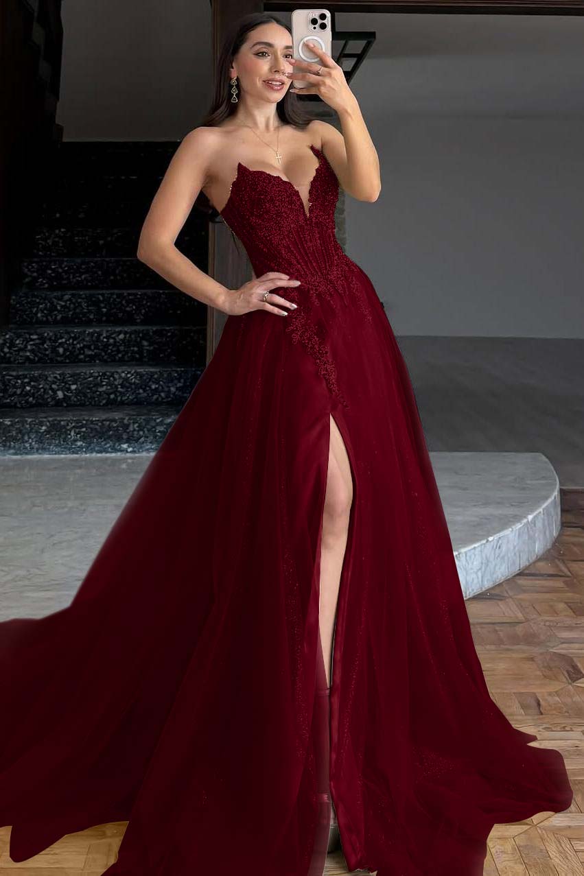 Lussooy Glamorous Satin Dusty Rose Off the Shoulder Applique Strapless Prom Dress with Split