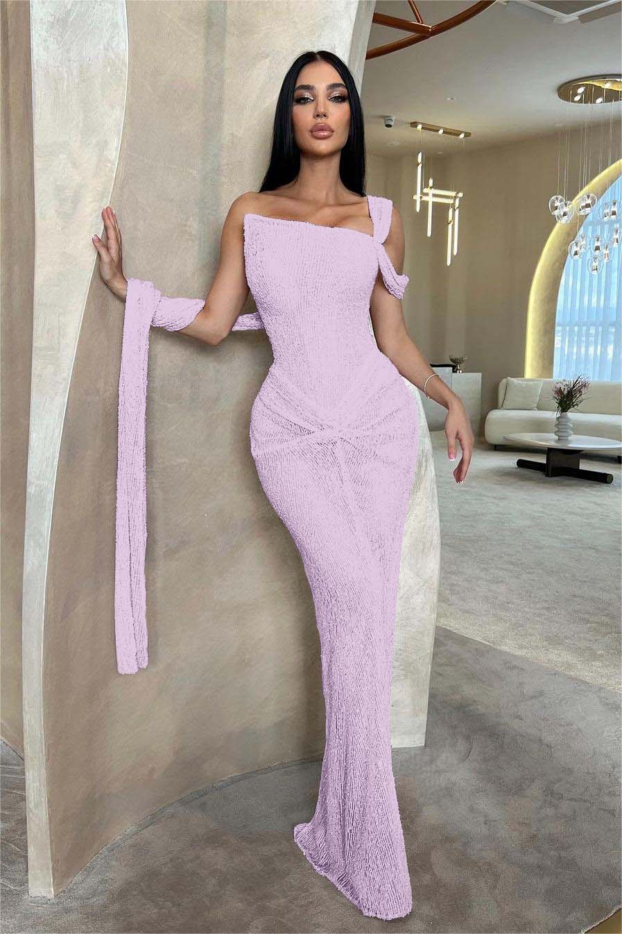 Lussooy Sage Shinning One Shoulder Sequins Sleeveless Split Prom Dress with Pleated