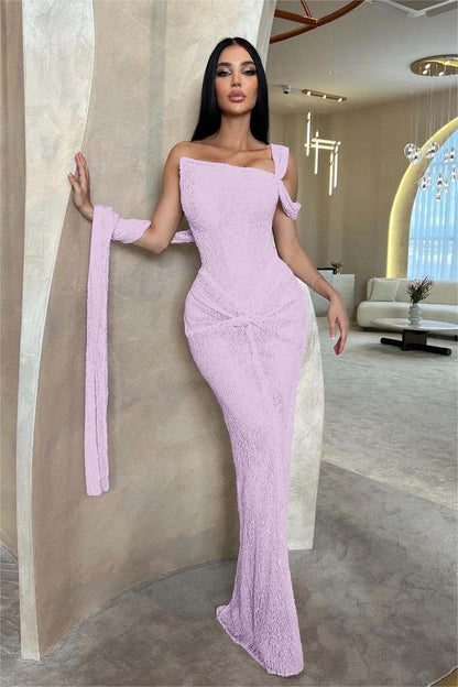 Lussooy Sage Shinning One Shoulder Sequins Sleeveless Split Prom Dress with Pleated