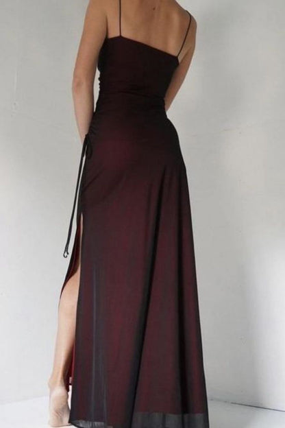 Sheath Spaghetti Straps Burgundy Long Prom Dress with Silt