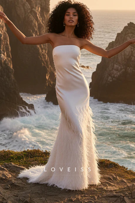 Straight Across Feathered Sheath Wedding Dress