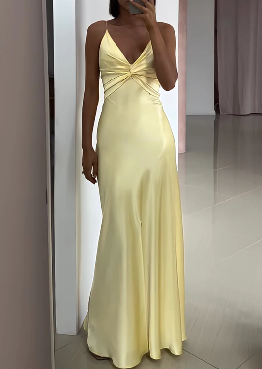 Light Yellow V Neck Straps Long Party Dress Wedding Guest Dres