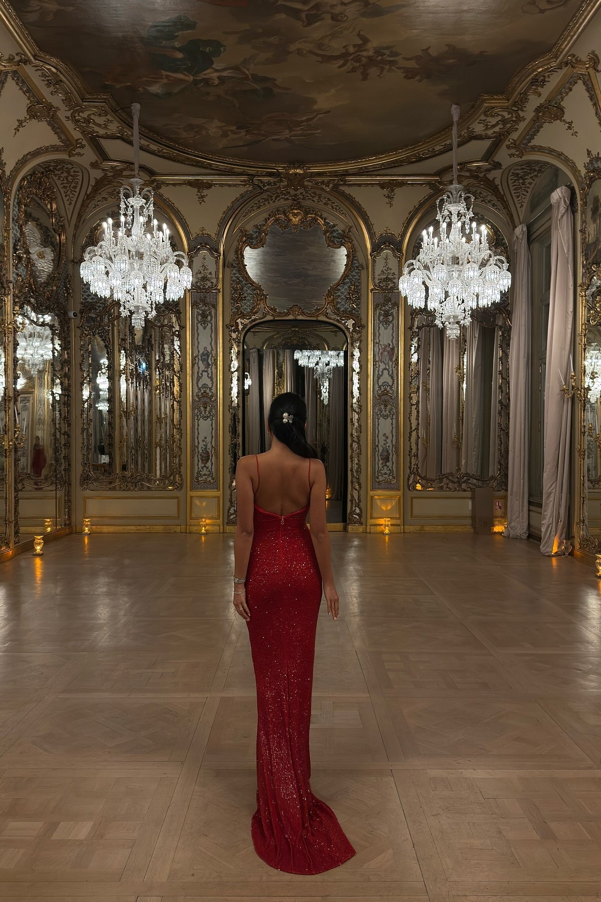 Sparkly Mermaid Spaghetti Straps Red Sequins Long Prom Dress