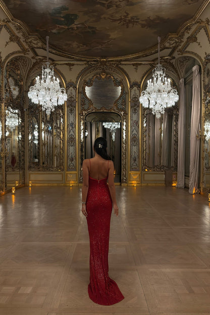 Sparkly Mermaid Spaghetti Straps Red Sequins Long Prom Dress