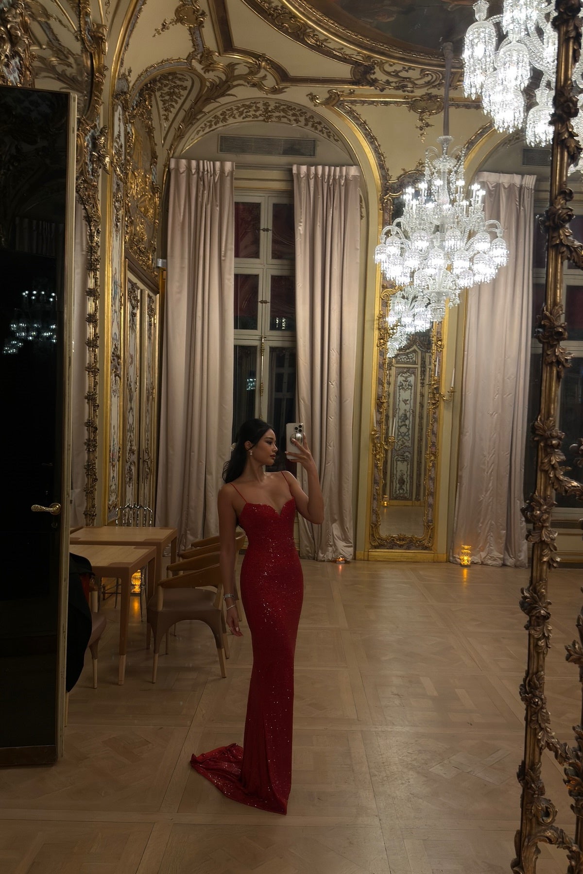 Sparkly Mermaid Spaghetti Straps Red Sequins Long Prom Dress