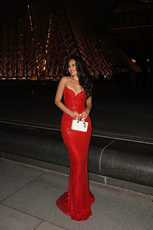 Sparkly Mermaid Spaghetti Straps Red Sequins Long Prom Dress
