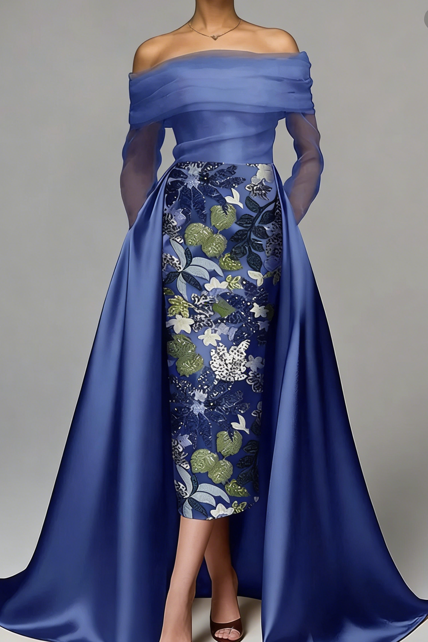 Refined Sheath Off-the-Shoulder Flower Floor-Length Satin Corset Mother of the Bride Dress