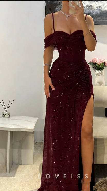 Off-Shoulder Straps Side Slit Sparkly Sheath Prom Dress