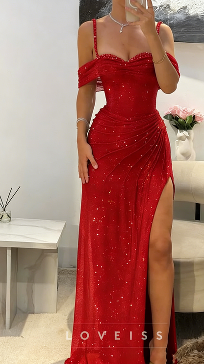 Off-Shoulder Straps Side Slit Sparkly Sheath Prom Dress
