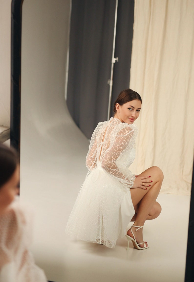 Jenifer dress, Mini Wedding dress, Short wedding dress, Rehearsal dinner dress, Bridal Shower dress, Elopement gown, Dots Glitter Dress